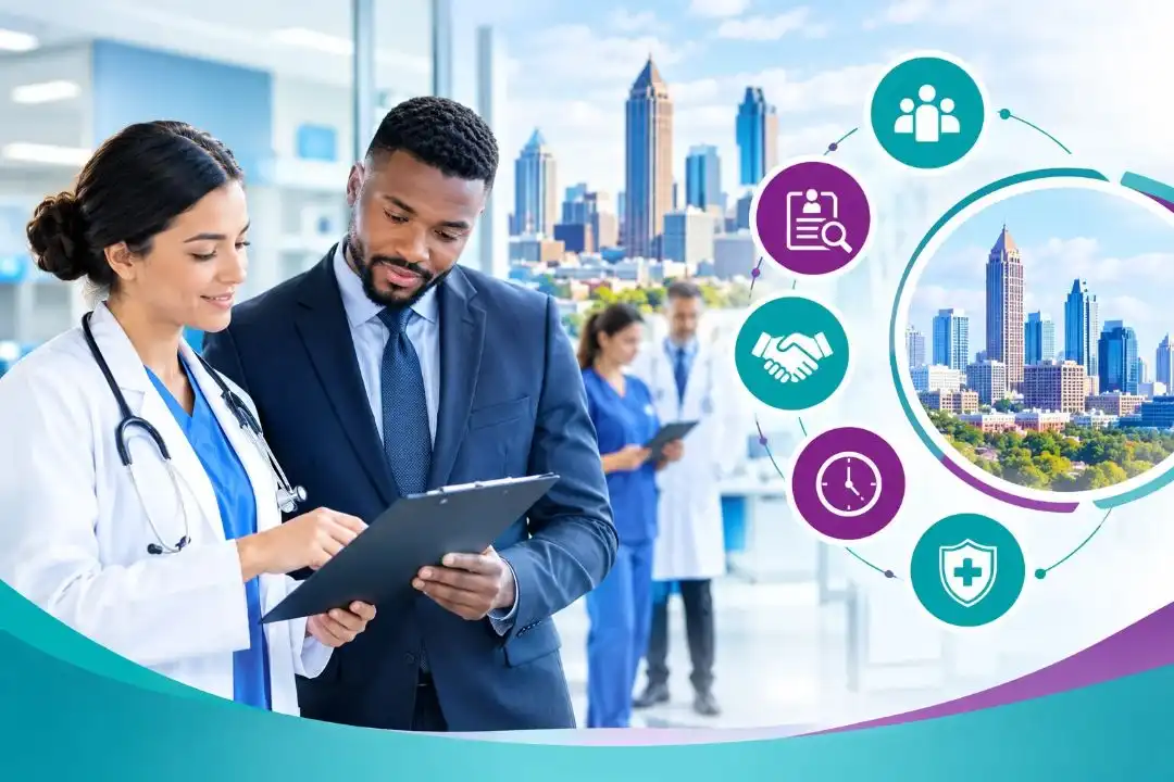 Healthcare staffing professionals discussing medical recruitment